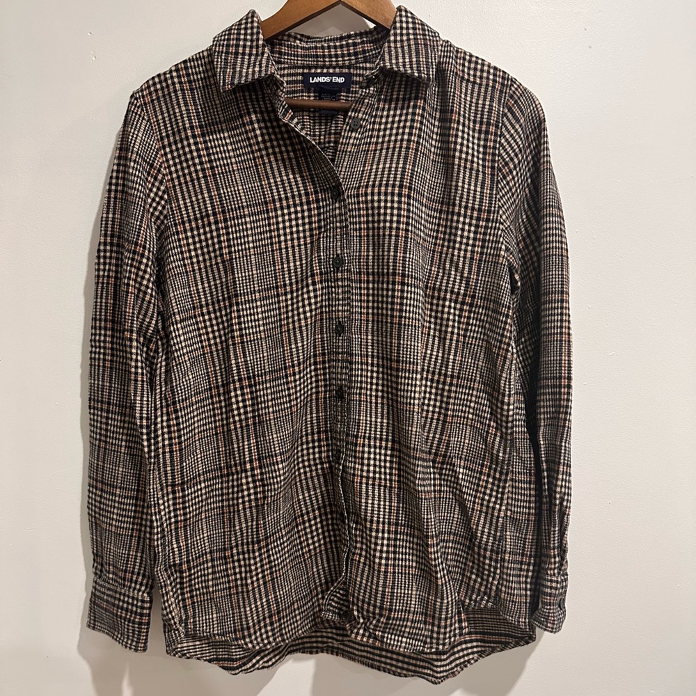 LANDS' END 100% Cotton Dark Plaid Western Oversized Button Up Size M